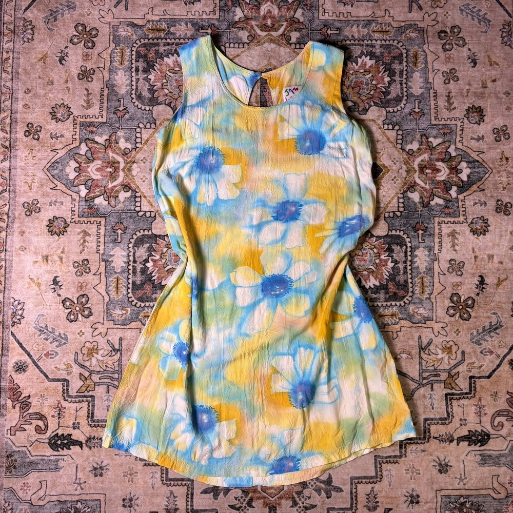 Jams World Ivory Flower Sleeveless Shift Dress Yellow Floral Medium Boho Vintage